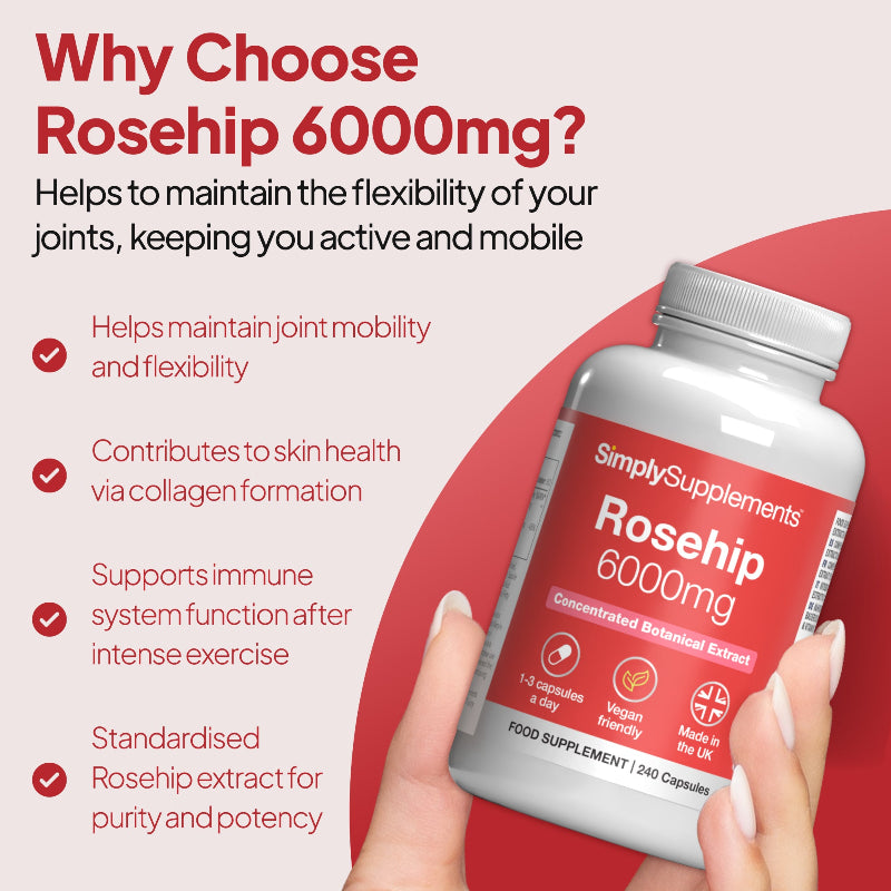 Rosehip Capsules 6,000mg helps maintain joint mobility and flexibility as well as supporting immune system function after intense exercise
