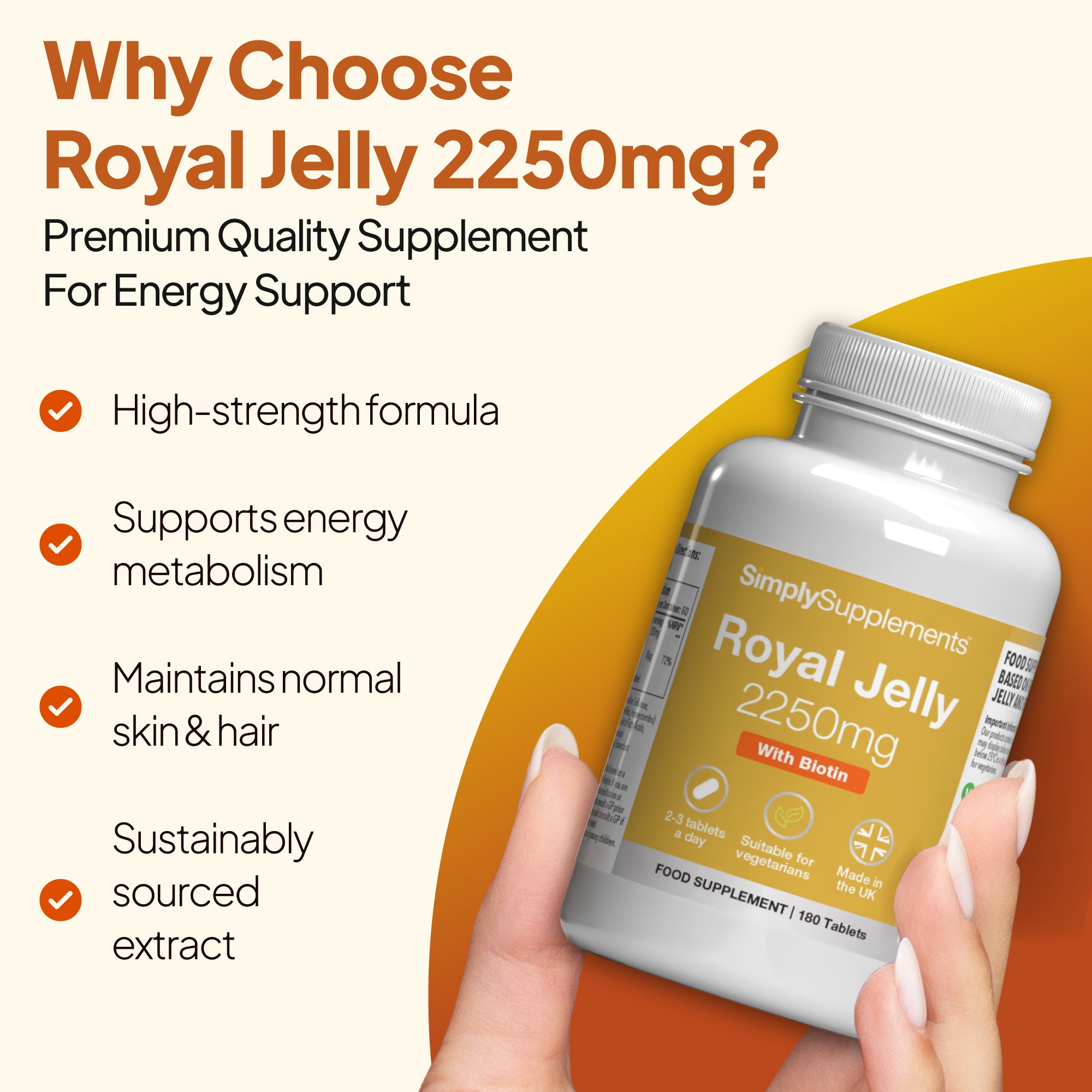 Product feature graphic for Simply Supplements Royal Jelly 2250mg Standardised Extract, showing a close-up of the bottle on a light background with honey and a honey dipper, alongside a checklist noting premium quality supplements, high strength tablets, help with maintaining hair and skin, GMP approval, manufacture in the UK, and support for health and wellbeing.