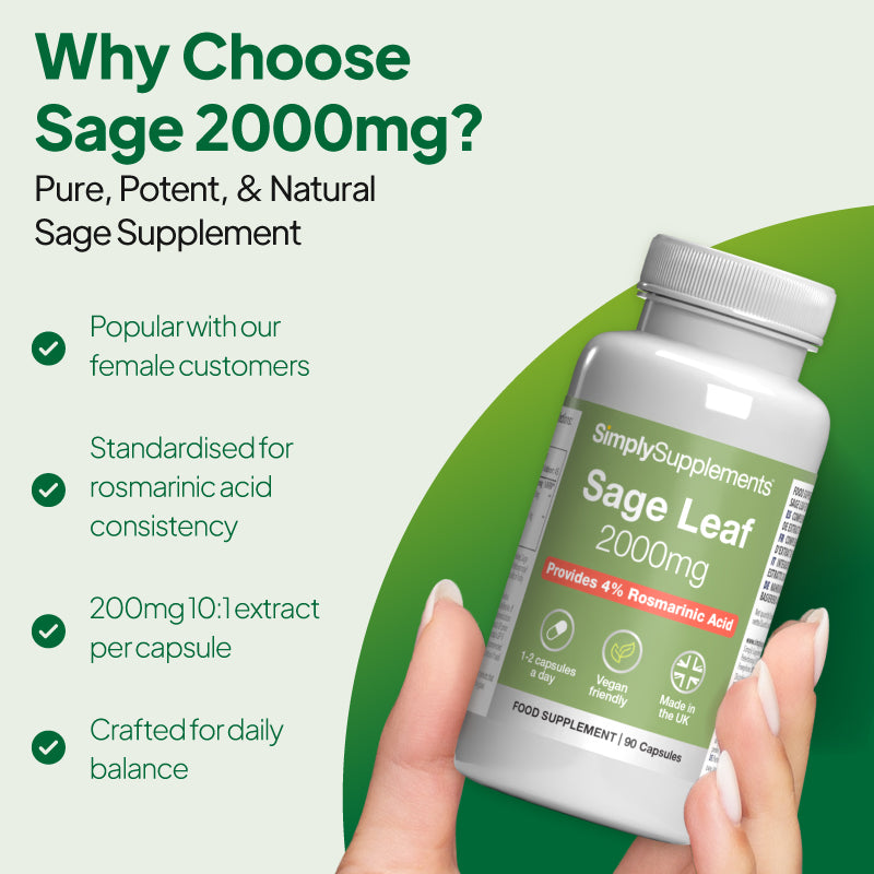 Bottle of Simply Supplements Sage Leaf 2000mg supplement popular with females with rosmarinic acid