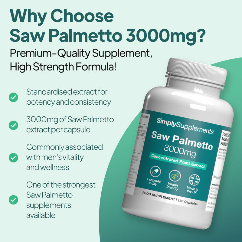 Simply Supplements Saw Palmetto 3000mg supplement graphic highlighting standardised extract, 3000mg per capsule, men’s vitality and wellness support, and one of the strongest saw palmetto formulas available.