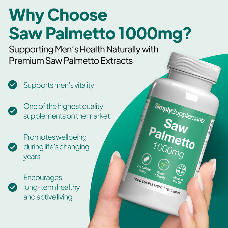 Simply Supplements Saw Palmetto 1,000mg help maintain strength and natural male balance.