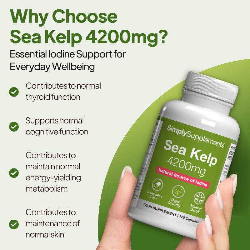 Simply Supplements Sea Kelp 4200mg natural source of iodine supplement graphic highlighting thyroid support, cognitive function, energy-yielding metabolism and normal skin maintenance.