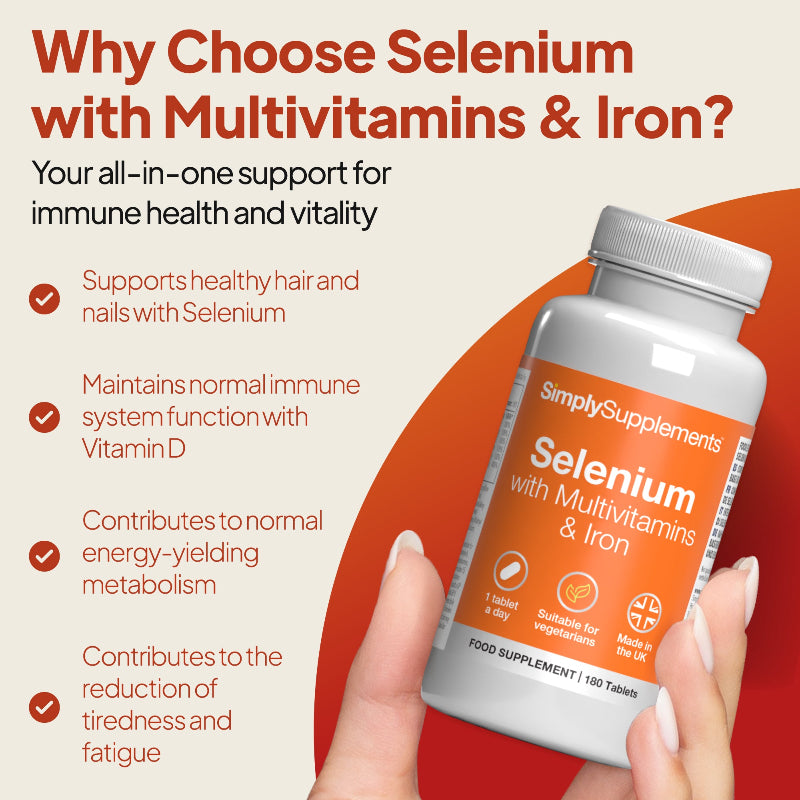 Selenium 220mcg with Multivitamins & Iron supports healthy 
hair and nails, as well as contributing to normal energy-yielding metabolism and the reduction of tiredness & fatigue.