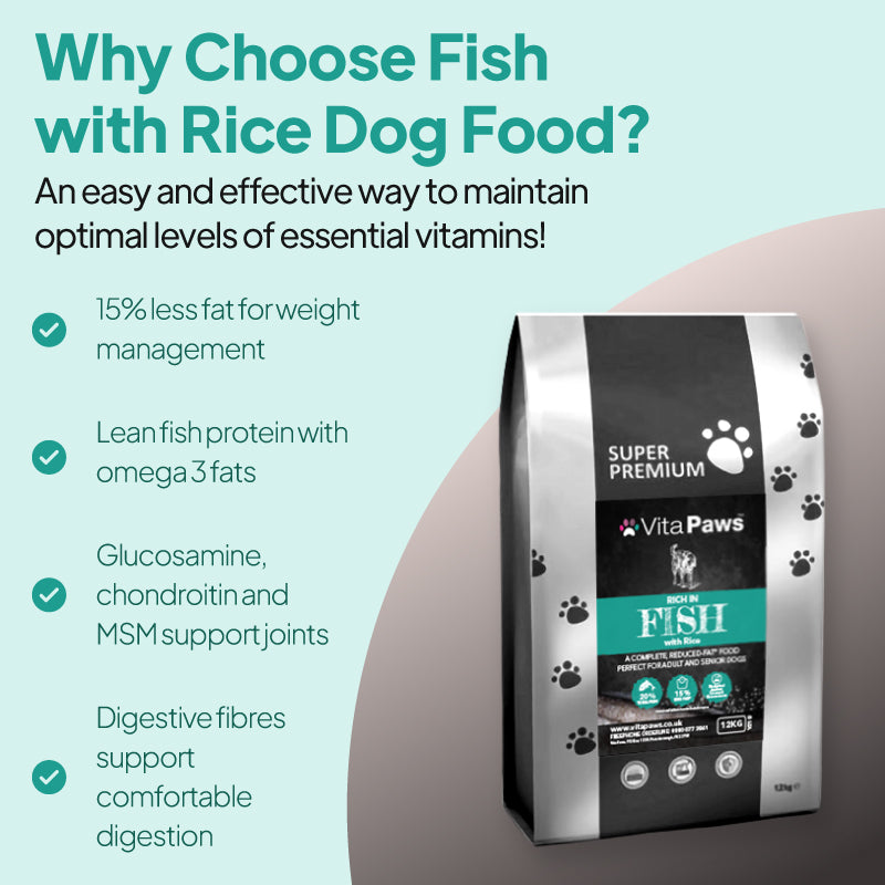 VitaPaws Fish with Rice dog food for senior dogs with low-fat fish protein, omega-3, glucosamine, chondroitin and MSM for joint and digestive support