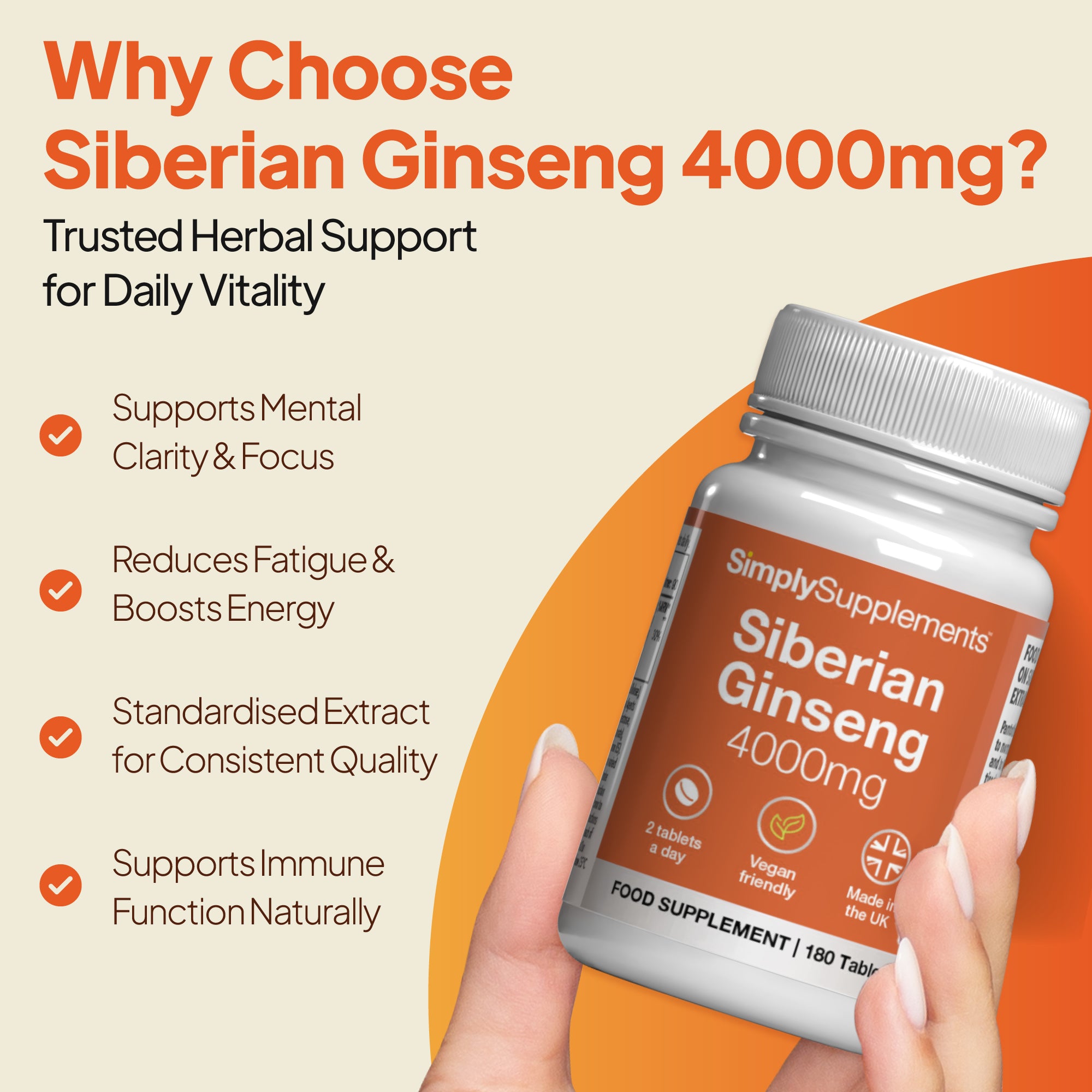 Siberian Ginseng supports mental clarity and focus, reduces fatigue and boosts energy