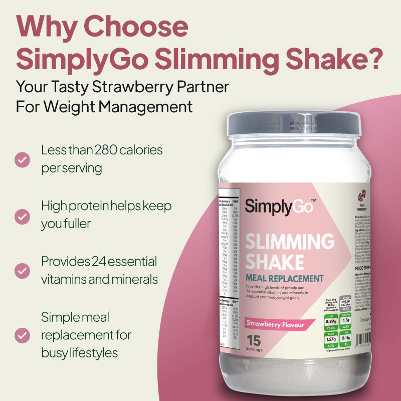 SimplyGo Slimming Shake strawberry meal replacement with under 280 calories per serving, high protein, and 24 essential vitamins and minerals