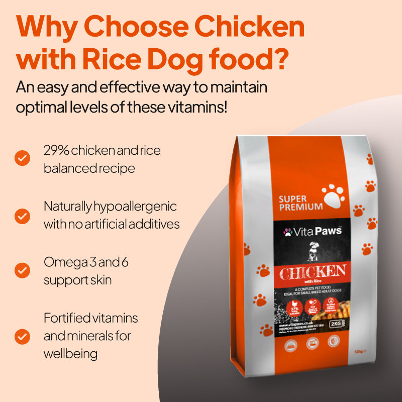 VitaPaws Chicken with Rice dog food for small breed adult dogs with a balanced chicken and rice recipe, omega 3 and 6, and added vitamins and minerals