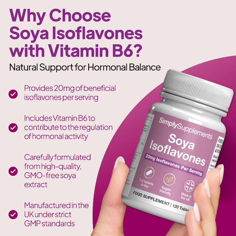 Simply Supplements Soya Isoflavones with Vitamin B6 supplement graphic highlighting hormonal balance support, 20mg isoflavones per serving, vitamin B6, GMO-free soya extract and UK GMP manufacturing.