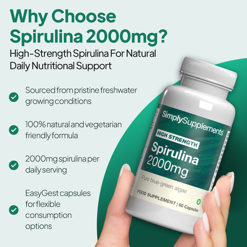 Simply Supplements Spirulina 2000mg supplement graphic highlighting freshwater-grown spirulina, 100 percent natural vegetarian friendly formula, 2000mg daily serving and EasyGest capsules for flexible daily use.