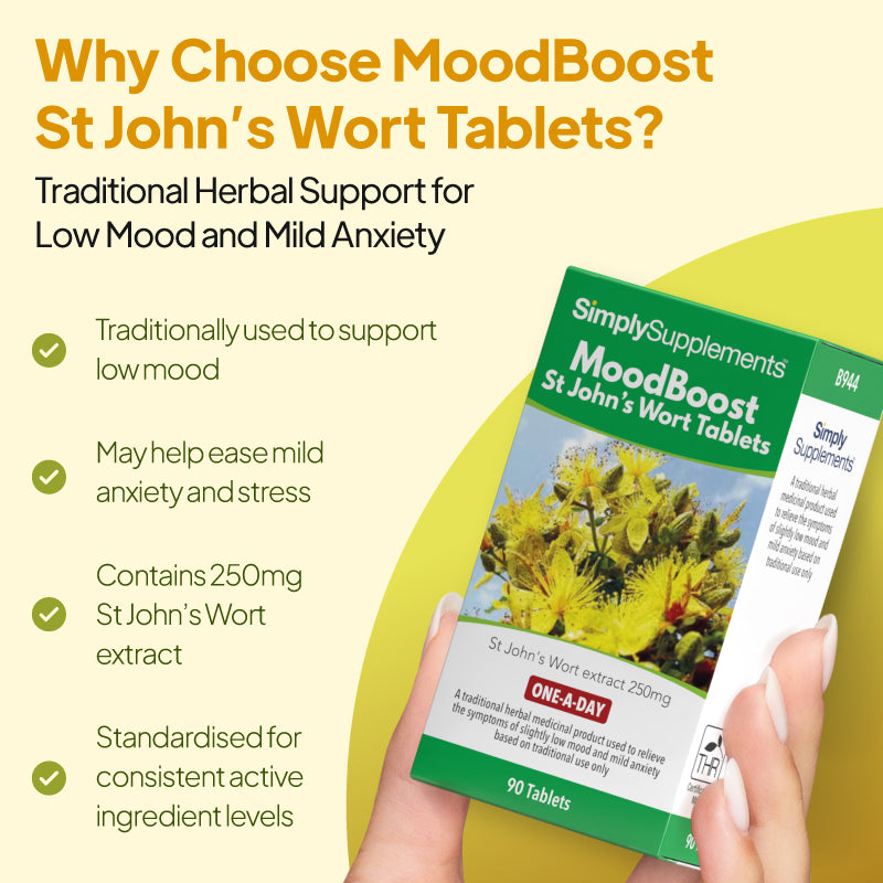Product feature graphic for SimplySupplements MoodBoost St John’s Wort Tablets, showing the product box held in a hand against a pale cream background with a curved yellow-green shape, under the heading “Why Choose MoodBoost St John’s Wort Tablets?” and bullet points highlighting traditional support for low mood, possible help with mild anxiety and stress, 250 mg St John’s Wort extract, and standardisation for consistent active ingredient levels.