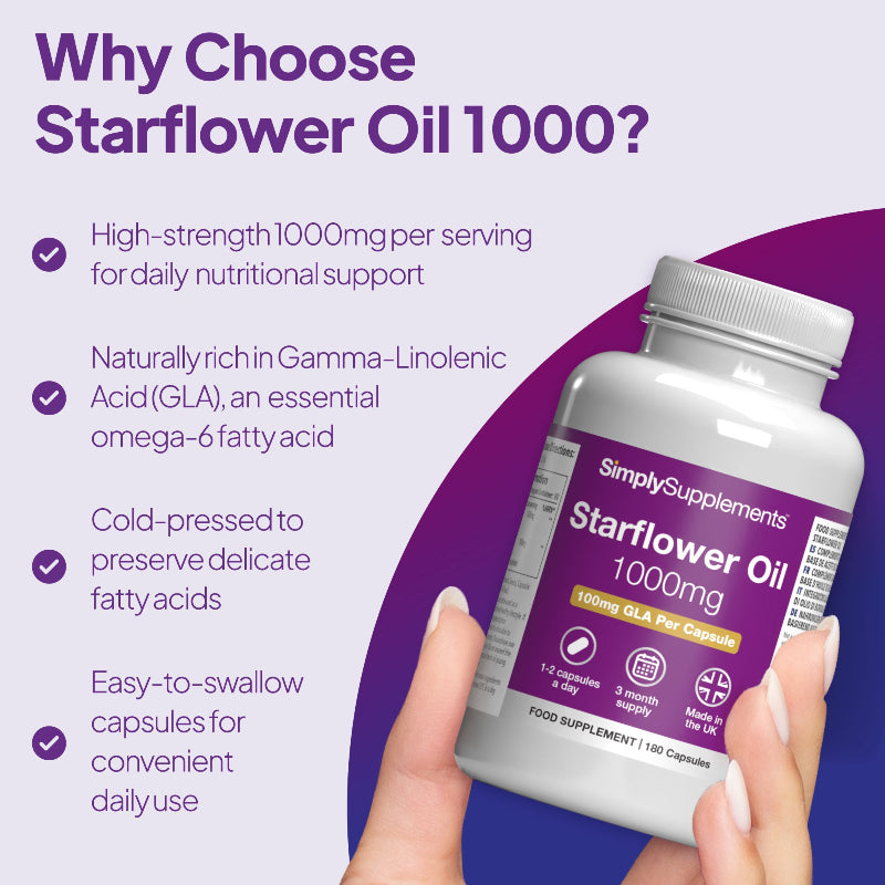 Simply Supplements Starflower Oil is naturally rich in Gamma-Linolenic Acid, an essential omega-6 fatty acid
