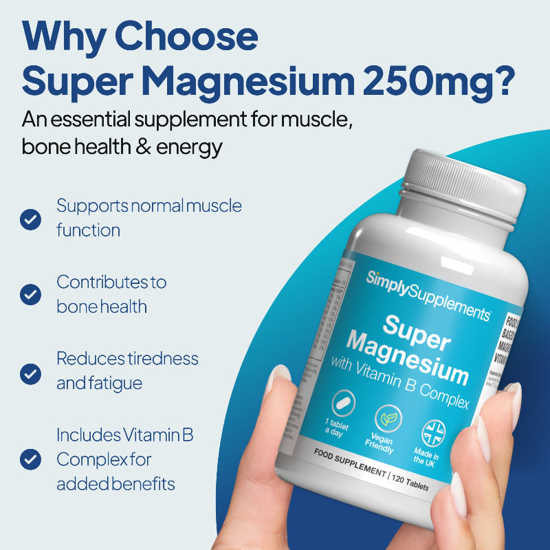 Super Magnesium with Vitamin B Complex supports normal muscle function, contributes to bone health and reduces tiredness & fatigue