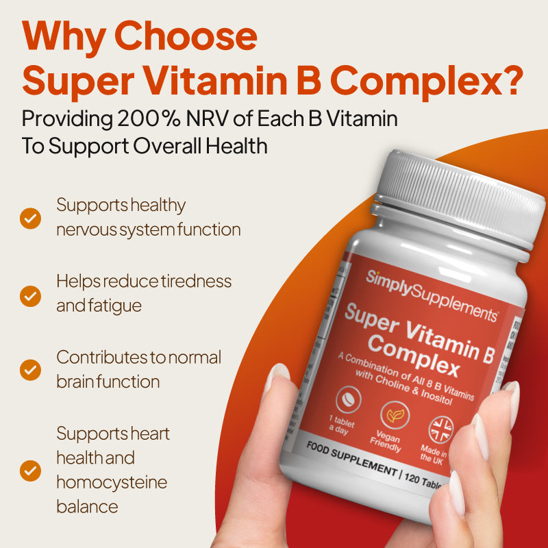 Simply Supplements Super Vitamin B Complex image highlighting healthy nervous system support, reduced tiredness and fatigue, normal brain function, and heart health and homocysteine balance.