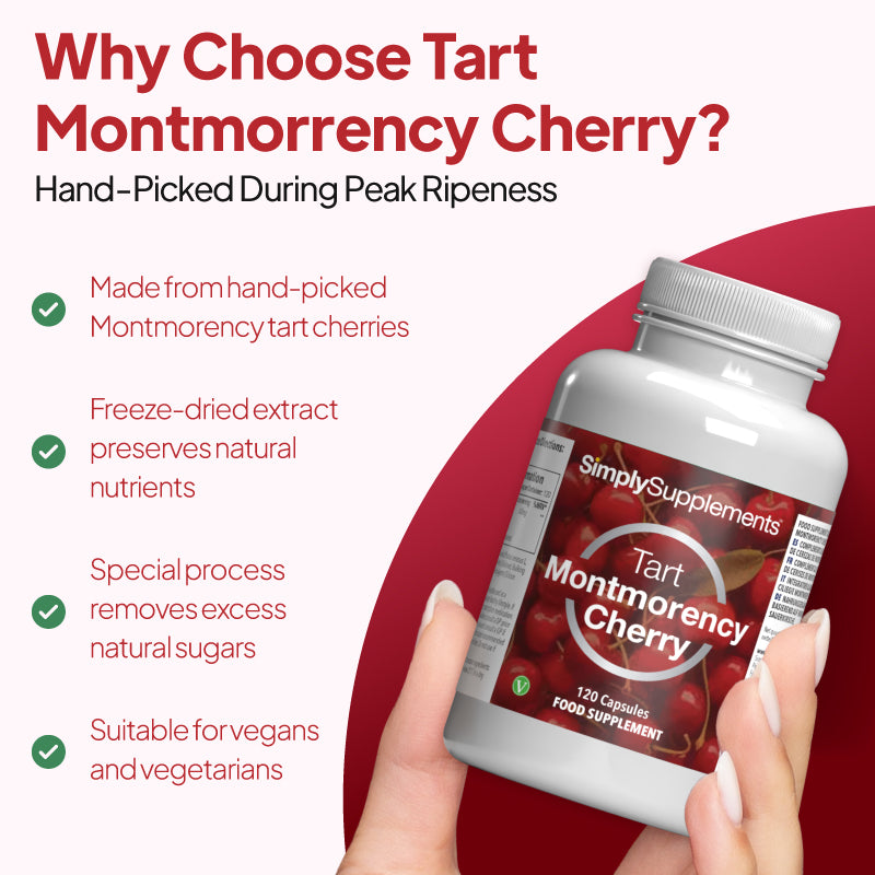 Promotional graphic for Simply Supplements Tart Montmorency Cherry showing the bottle in hand with claims including hand-picked Montmorency tart cherries, freeze-dried extract to preserve natural nutrients, special processing to remove excess natural sugars, and suitability for vegans and vegetarians.