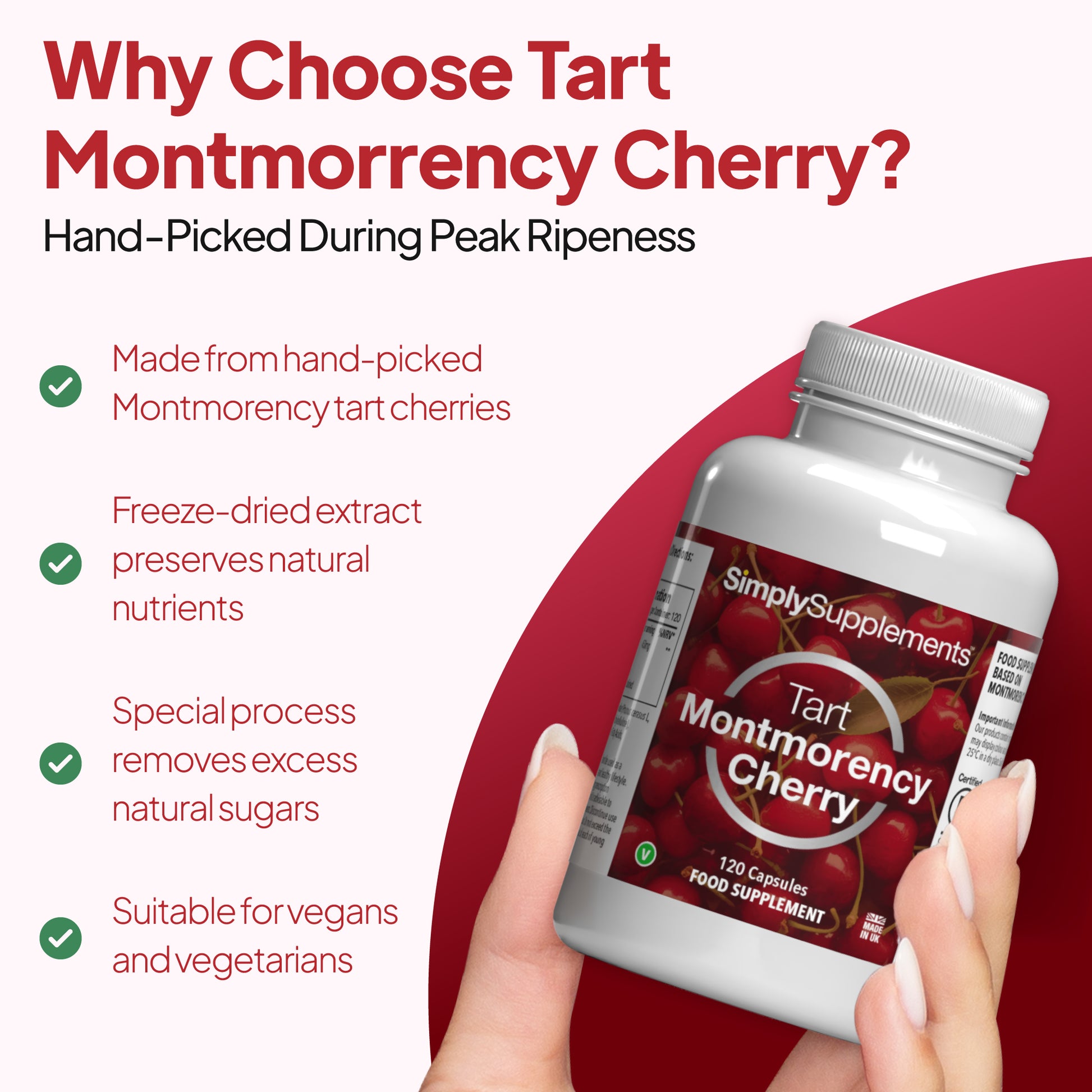 Promotional graphic for Simply Supplements Tart Montmorency Cherry showing the bottle in hand with claims including hand-picked Montmorency tart cherries, freeze-dried extract to preserve natural nutrients, special processing to remove excess natural sugars, and suitability for vegans and vegetarians.