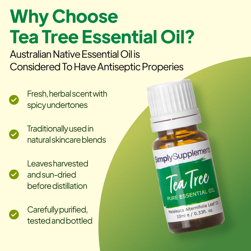 Simply Supplements Tea Tree essential oil graphic highlighting fresh herbal aroma with spicy undertones, traditional skincare use, sun-dried leaves before distillation and carefully purified bottled quality.