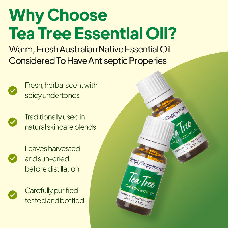 Simply Supplements Tea Tree essential oil graphic highlighting fresh herbal aroma with spicy undertones, traditional skincare use, sun-dried leaves before distillation and carefully purified bottled quality.