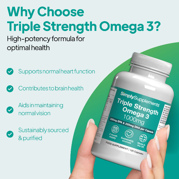 Triple Strength Omega 3 1,000mg supports normal heart function, contributes to rain health and aids in maintaining normal vision