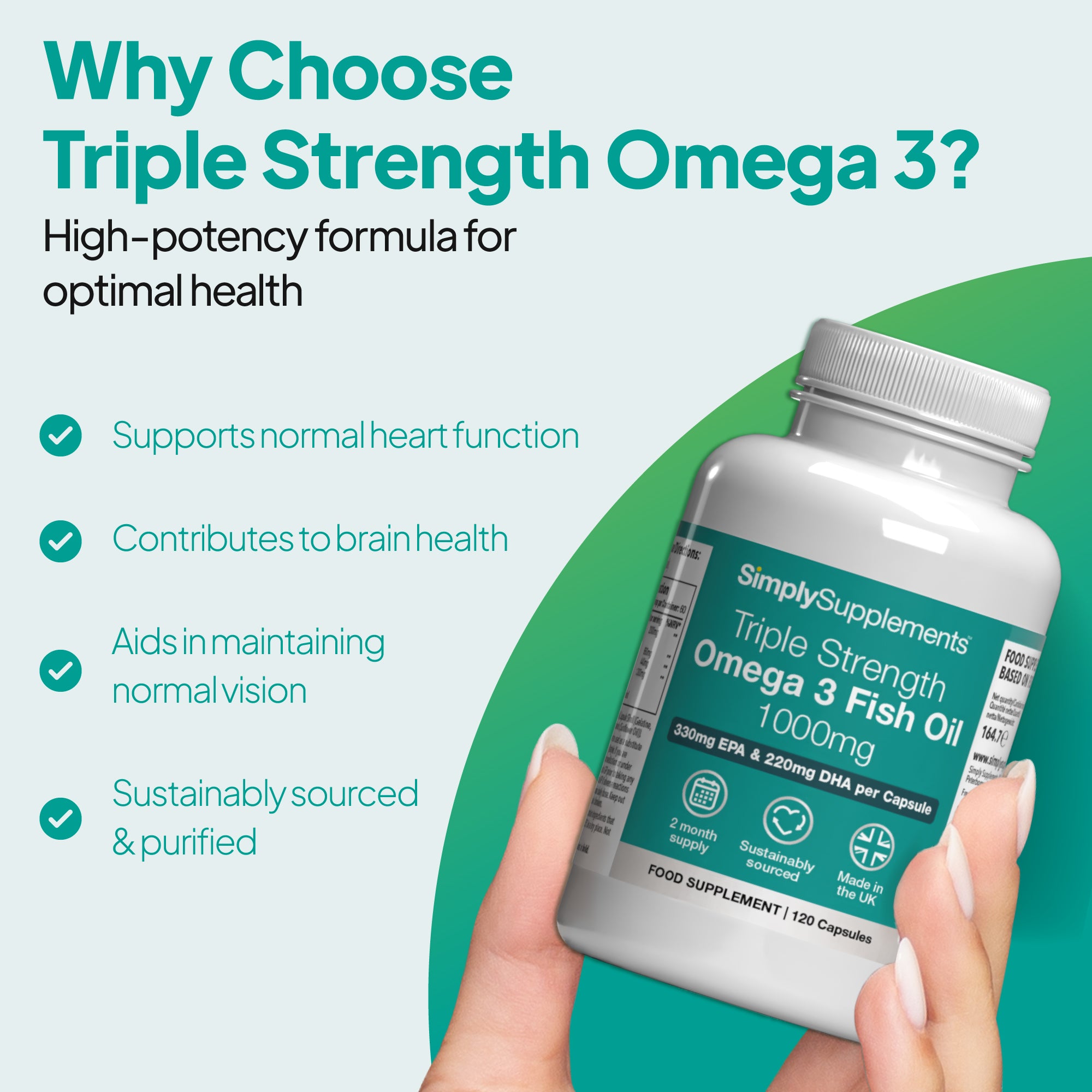 Triple Strength Omega 3 1,000mg supports normal heart function, contributes to rain health and aids in maintaining normal vision
