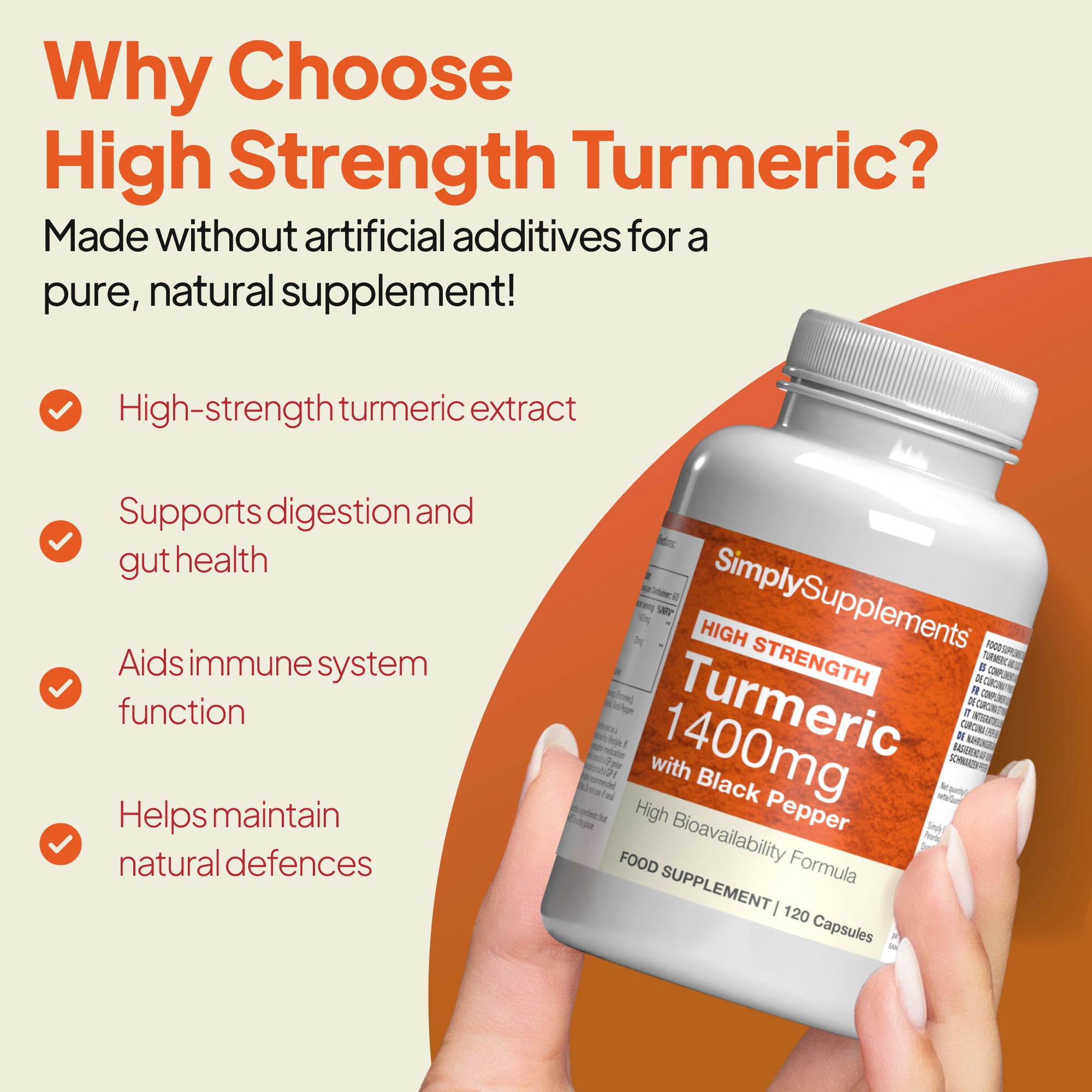 Why choose Turmeric 1400mg with Black Pepper? High-strength turmeric extract which supports digestion and gut health.
