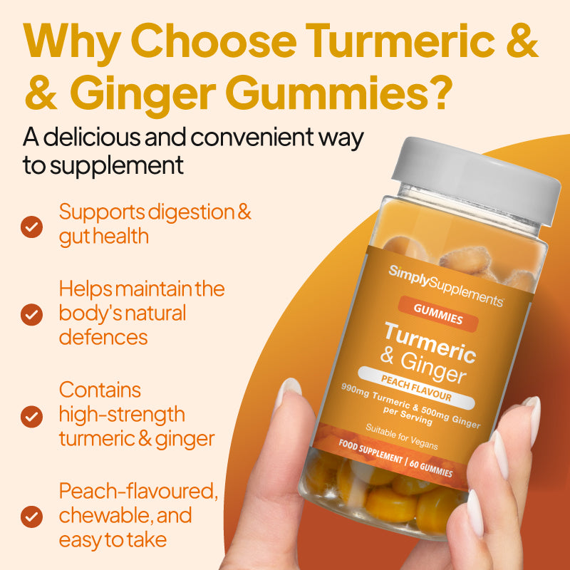 Turmeric and Ginger gummies benefits image showing a hand holding Simply Supplements peach flavour gummies, highlighting digestion and gut health support, natural defences, high-strength turmeric and ginger, and easy-to-take chewable gummies