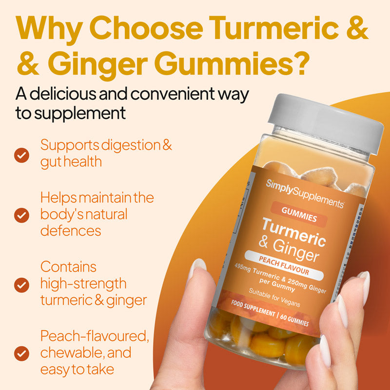 Turmeric and Ginger gummies benefits image showing a hand holding Simply Supplements peach flavour gummies, highlighting digestion and gut health support, natural defences, high-strength turmeric and ginger, and easy-to-take chewable gummies