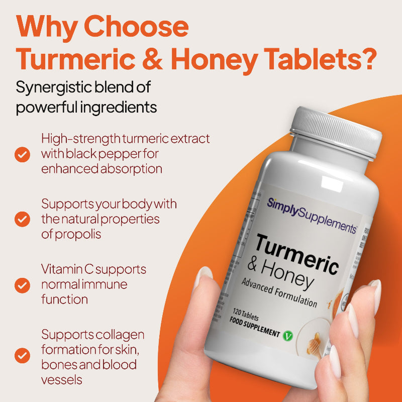 Simply Supplements Turmeric & Honey helps support collagen formation for skin, bones and blood vessels.
