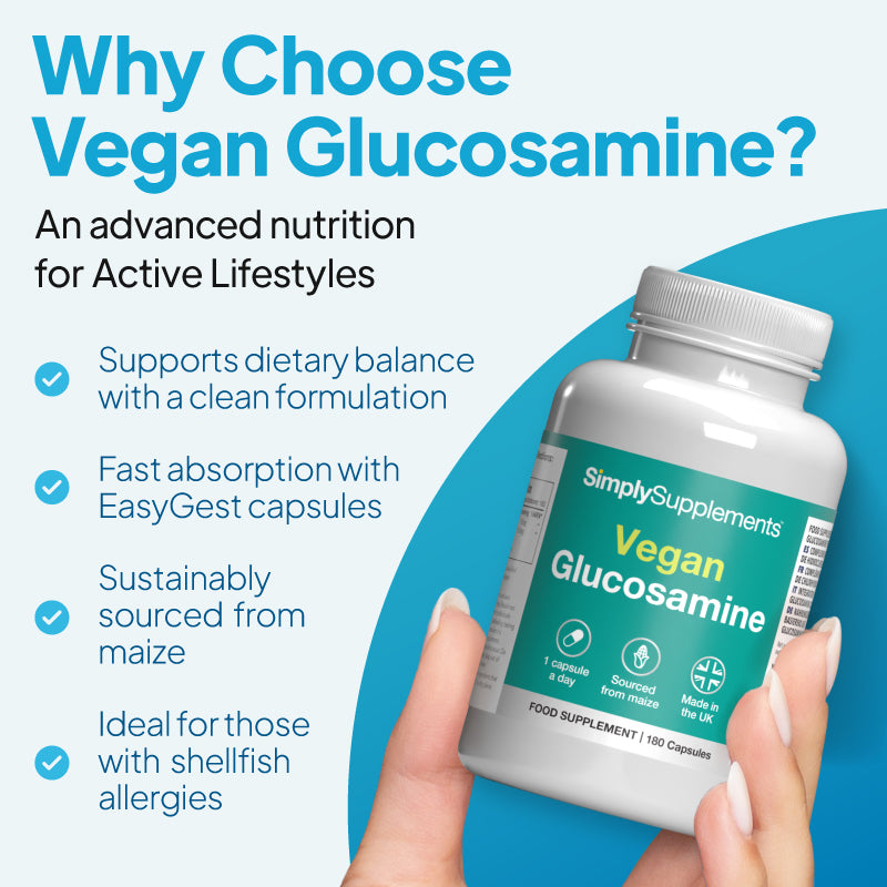 Simply Supplements Vegan Glucosamine graphic highlighting support for dietary balance with a clean formulation, fast absorption with EasyGest capsules, sustainably sourced glucosamine from maize, and suitability for people with shellfish allergies.