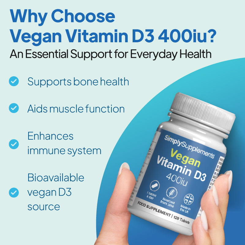 Promotional graphic for Simply Supplements Vegan Vitamin D3 400iu showing a bottle held in hand, with benefits listed including support for bone health, muscle function, the immune system, and a bioavailable vegan D3 source.