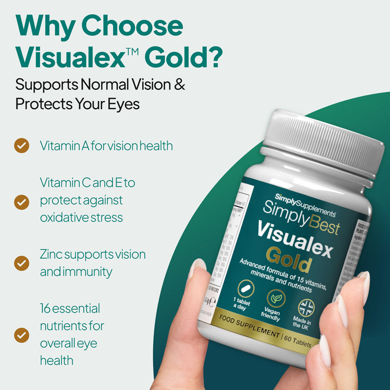 Bottle of SimplySupplements Visualex Gold with text highlighting benefits on a green and white background