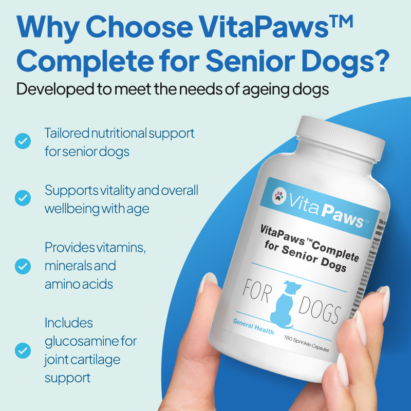 VitaPaws Complete for Senior Dogs daily multivitamin supplement with vitamins, minerals, amino acids and glucosamine for ageing dogs’ health and vitality