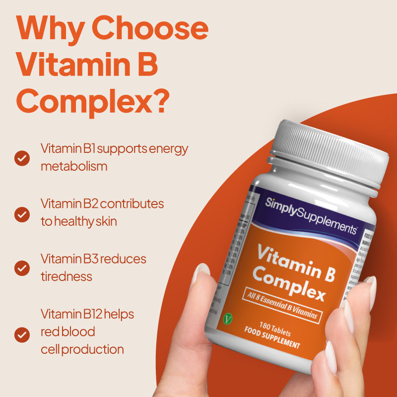 Vitamin B Complex Tablets supports energy & metabolism, contributes to healthy skin, reduces tiredness and help red blood cell production