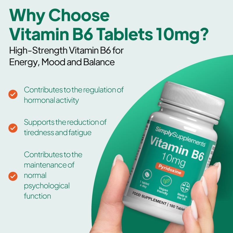 A hand holding a bottle of SimplySupplements Vitamin B6 10mg food supplement, set against a graphic background with text highlighting benefits for energy, mood, and balance.