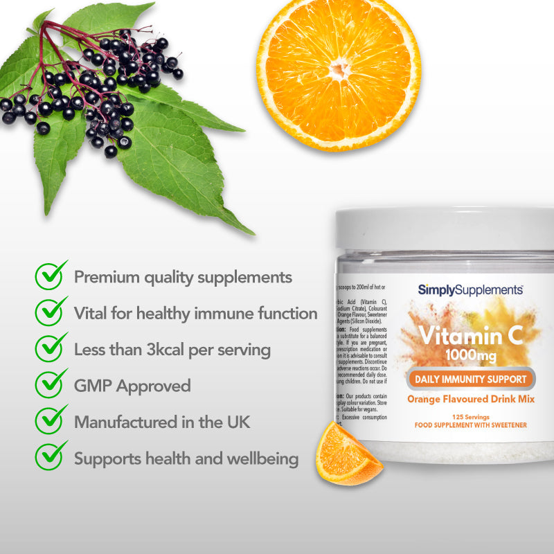 Product feature graphic for Simply Supplements Vitamin C 1000mg Orange Flavoured Drink Mix, showing a close-up of the tub on a light background with elderberries and orange slices, alongside a checklist noting premium quality supplements, support for healthy immune function, less than 3 kcal per serving, GMP approval, manufacture in the UK, and support for health and wellbeing.