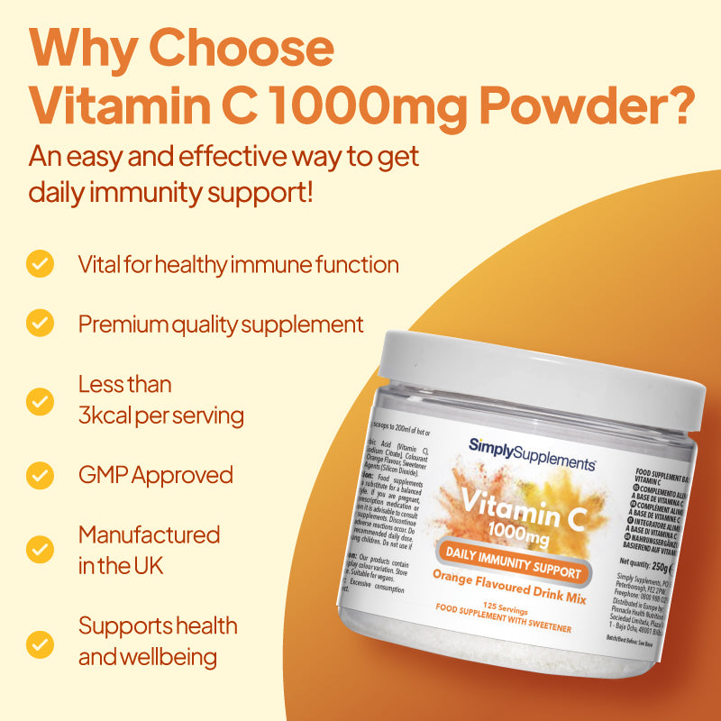 Product feature graphic for Simply Supplements Vitamin C 1000mg Orange Flavoured Drink Mix, showing a close-up of the tub on a light background with elderberries and orange slices, alongside a checklist noting premium quality supplements, support for healthy immune function, less than 3 kcal per serving, GMP approval, manufacture in the UK, and support for health and wellbeing.