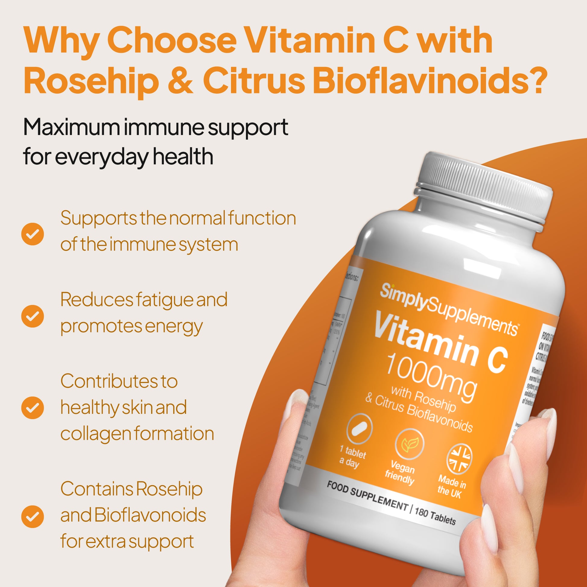 Vitamin C 1000mg supplement benefits image of Simply Supplements Vitamin C with rosehip and citrus bioflavinoids, highlighting immune support, reduced fatigue, skin health, collagen formation, and vegan friendly UK-made tablets