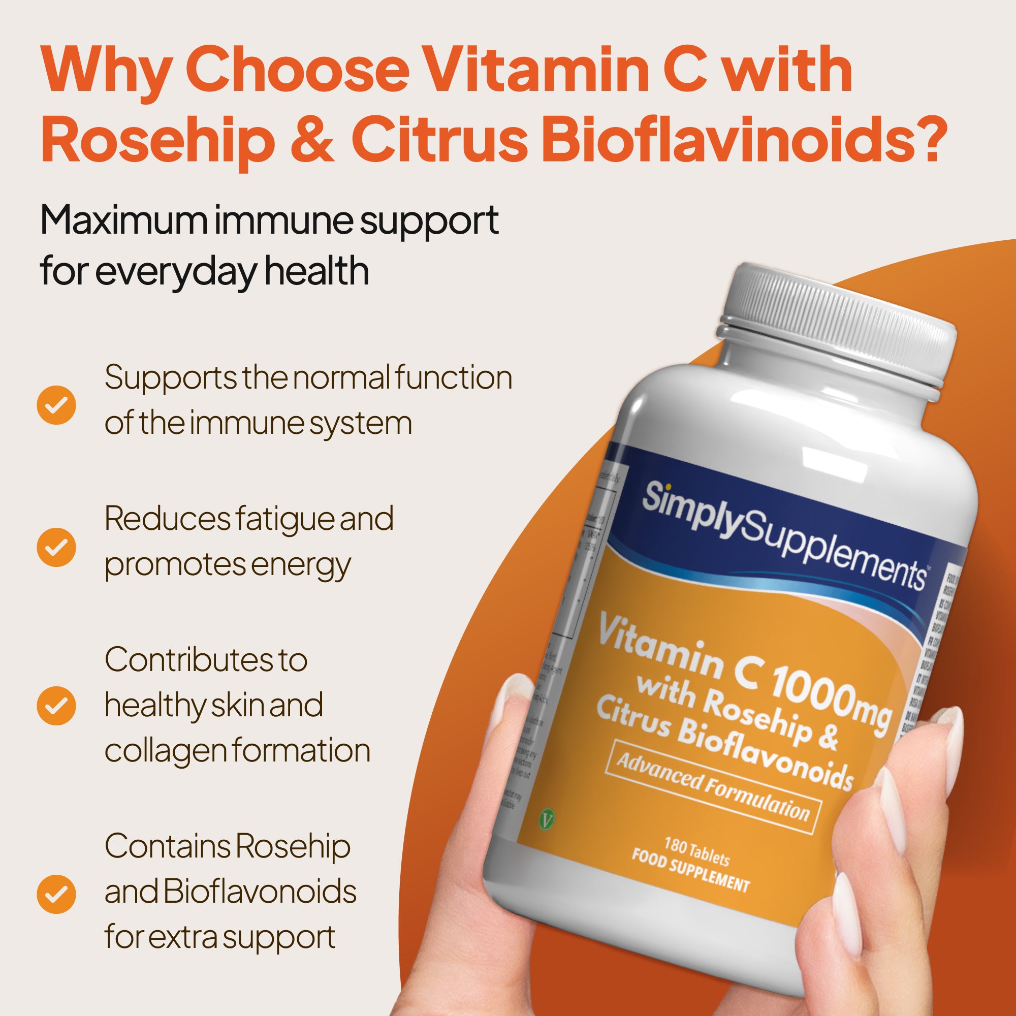 Vitamin C 1000mg supplement benefits image of Simply Supplements Vitamin C with rosehip and citrus bioflavinoids, highlighting immune support, reduced fatigue, skin health, collagen formation, and vegan friendly UK-made tablets