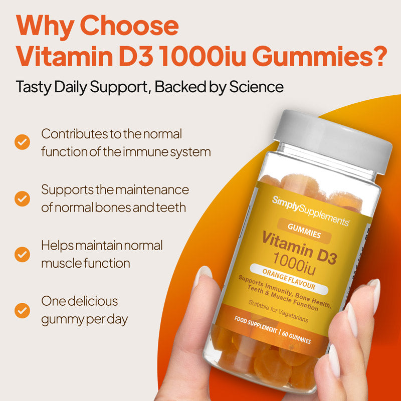 Vitamin D3 1000iu gummies benefits image showing a hand holding Simply Supplements orange flavour gummies, highlighting immune system support, normal bones and teeth maintenance, muscle function, and one gummy per day