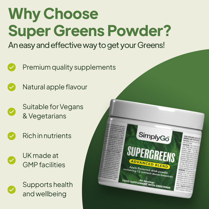 Super Greens Powder container with promotional text on a green and white background. The text highlight SuperGreens has a natural apple flavour, is suitable for vegans, rich in nutrients, supports health and wellbeing and UK made in GMP facilities.