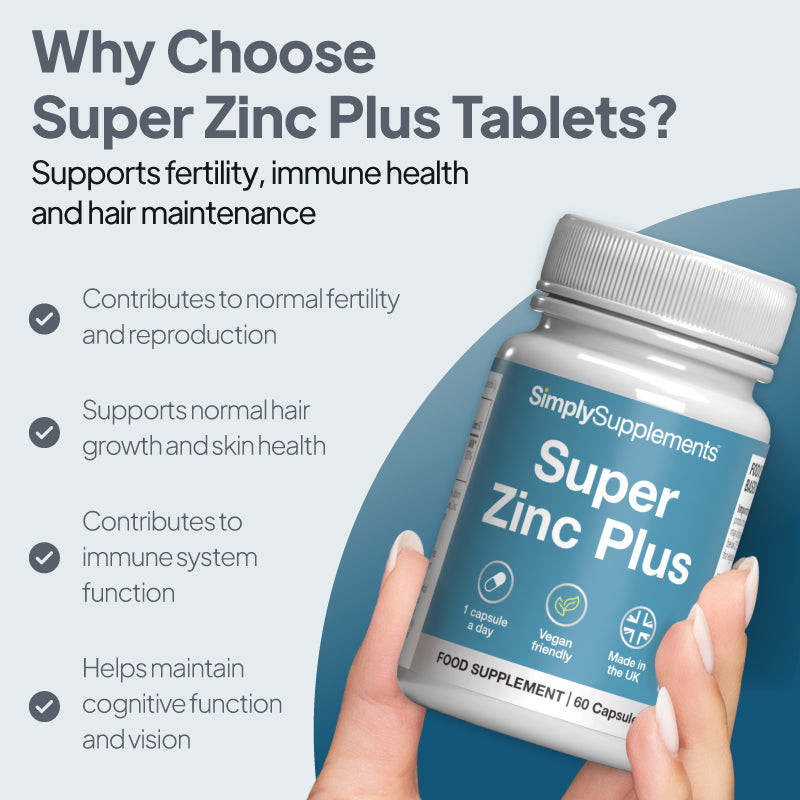 simply supplements super zinc plus contributes to fertility, hair growth skin health, immune, cognitive and vision function