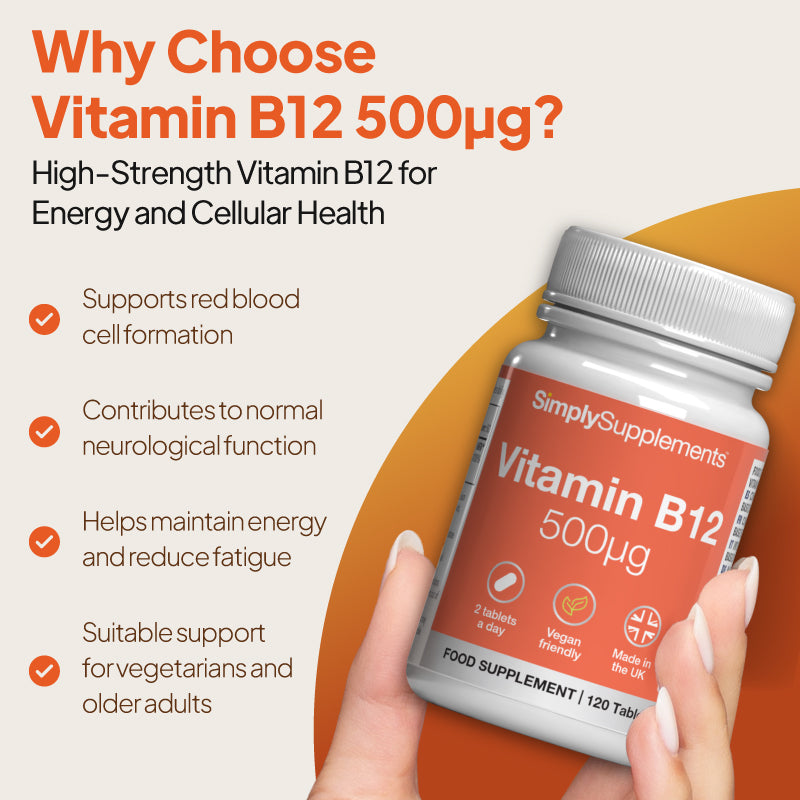 vitamin b12 500mcg benefits neurological function, red blood cell formation energy metabolism.